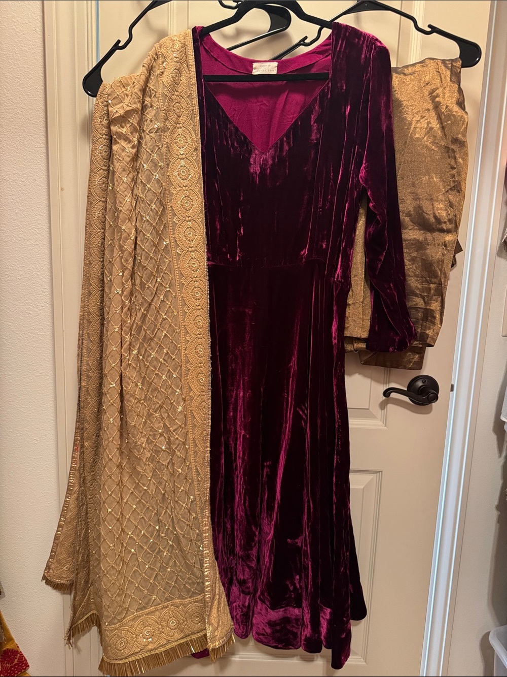 Silk wine color Velvet V-Neck anarkali dress with copper tissue pants & dupatta